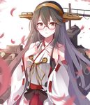  bare_shoulders bespectacled black_hair blush brown_eyes cowboy_shot glasses hair_ornament hairband hairclip hands_on_own_chest haruna_(kantai_collection) headgear highres kantai_collection long_hair looking_at_viewer machinery nontraditional_miko open_mouth petals remodel_(kantai_collection) shiguru solo 