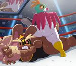  2girls animal_ears ass blush bodysuit breasts bunny_ears defeated eric_lowery female fighting furry hawlucha large_breasts lopunny multiple_girls nintendo pain pokemon pokemon_(game) ring sweat violence 