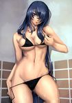  against_wall bikini bikini_pull black_bikini blue_eyes blue_hair breasts cleavage eiwa eyepatch hair_over_breasts hair_over_one_eye highres ikkitousen kan'u_unchou large_breasts leg_up long_hair navel parted_lips scan side-tie_bikini skindentation solo standing standing_on_one_leg string_bikini swimsuit very_long_hair wet wet_hair 