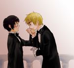  2boys axis_powers_hetalia black_hair blonde_hair blush bow bow_tie bowtie england_(hetalia) eye_contact eyebrows formal gloves green_eyes hand_kiss japan_(hetalia) kiss looking_at_another male male_focus multiple_boys nervous smile suit sweatdrop thick_eyebrows united_kingdom_(hetalia) 