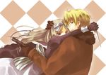  ahoge america_(hetalia) apron axis_powers_hetalia belarus_(hetalia) blonde_hair blue_dress blue_eyes bow coat dress glasses gloves gun hair_bow hair_ribbon hand_on_head hug jacket knife long_hair looking_back looking_over_shoulder purple_eyes ribbon smile smiling violet_eyes weapon white_hair 