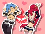  1girl animated animated_gif bikini_top blue_hair caramelldansen couple dancing hetero kamina lowres red_hair shirtless shorts tattoo tengen_toppa_gurren_lagann thighhighs yoko_littner 