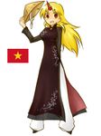  bad_id bad_pixiv_id blonde_hair flag hat hat_tip horn hoshiguma_yuugi long_hair red_eyes rice_hat satou_(pixiv170616) simple_background smile solo touhou vietnam vietnamese_dress vietnamese_flag 