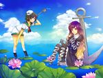  anchor bad_id bad_pixiv_id bent_over black_hair boots brown_eyes brown_hair cloud day flower hat hijiri_byakuren leaning_forward lily_pad long_hair multiple_girls murasa_minamitsu nr_(cmnrr) sailor short_hair shorts sitting socks thighhighs touhou water 