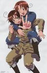  2boys ahoge axis_powers_hetalia belt blush blushing boots brothers brown_eyes brown_hair male male_focus military military_uniform multiple_boys northern_italy_(hetalia) official_art open_mouth piggyback pocket pockets siblings smile smiling southern_italy_(hetalia) uniform v wink winking 