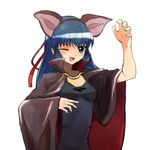  animal_ears bad_id bad_pixiv_id bat_ears blue_hair cape costume fang galaxy_angel green_eyes green_hair halloween karasuma_chitose long_hair nyama one_eye_closed solo 