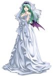  :o alternate_costume aqua_hair bare_shoulders bat_wings breasts bridal_veil bride cleavage commentary cross_edge demon_girl detached_sleeves dress finger_to_mouth frills full_body green_eyes hair_ornament lace large_breasts long_hair morrigan_aensland nakamura_tatsunori off_shoulder official_art open_mouth pointing see-through simple_background solo standing succubus vampire_(game) veil wedding_dress wings 