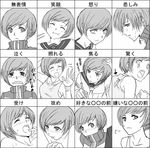  blush bug chart chopsticks closed_eyes eating expressions grasshopper greyscale insect jacket looking_back monochrome multiple_views open_mouth persona persona_4 satonaka_chie school_uniform serafuku short_hair smile suta_furachina sweat tears tomboy tongue translated 