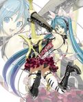  armpits ass blue_eyes blue_hair blue_nails boots detached_sleeves guitar hands hatsune_miku headphones instrument jumping legs long_hair nail_polish nakabayashi_reimei open_mouth panties smile solo thigh_boots thighhighs twintails underwear upskirt very_long_hair vocaloid zoom_layer 
