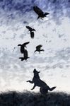  bad_pixiv_id bird copyright_request crow dog flock french highres kyarumata no_humans silhouette text_focus translated 