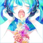  aqua_hair aqua_nails bangs bare_shoulders closed_eyes coughing_flowers face facing_viewer falling flower flower_in_mouth hands_on_headphones hands_up hatsune_miku headphones nail_polish open_mouth portrait purple_flower red_flower solo teardrop tears twintails utacoco vocaloid white_flower yellow_flower 