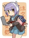  achakura ariori_haberi arm_hug asakura_ryouko bad_id bad_pixiv_id blush brown_eyes bunny_headphones cardigan chibi closed_eyes computer grey_hair headphones kita_high_school_uniform laptop minigirl multiple_girls nagato_yuki no_mouth school_uniform serafuku short_hair suzumiya_haruhi-chan_no_yuuutsu suzumiya_haruhi_no_yuuutsu tears 