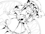  crazy_eyes dress dutch_angle flandre_scarlet frills greyscale hands hat highres kamiya_tomoe lineart monochrome open_mouth outstretched_hand reaching ribbon short_hair side_ponytail solo touhou wings yandere 