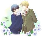  2boys axis_powers_hetalia black_hair blonde_hair blush bouquet brown_eyes child england_(hetalia) eye_contact eyebrows flower flowers formal glove gloves green_eyes hand_kiss japan_(hetalia) japanese_clothes kimono kiss looking_at_another male male_focus multiple_boys rose roses shounen_ai suit thick_eyebrows united_kingdom_(hetalia) yaoi yukata 