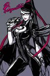  bayonetta bayonetta_(character) beauty_mark black_hair bodysuit breasts cleavage cleavage_cutout earrings glasses hair_bun jewelry long_hair mole red_eyes red_ribbon ribbon tsukkyo very_long_hair 