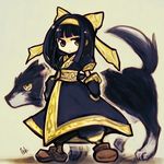  ainu_clothes alternate_color animal bad_id bad_pixiv_id black_hair bow brown_eyes chibi doraeshi full_body gloves hair_bow hair_ribbon murasaki_nakoruru nakoruru ribbon samurai_spirits serious signature standing wolf yellow_eyes 