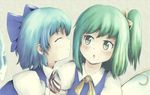  :o ^_^ blue_hair blush bow cirno closed_eyes daiyousei fairy fairy_wings from_side green_eyes green_hair hair_bow knj multiple_girls open_mouth profile side_ponytail touhou upper_body wings yuri 