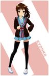  blue_skirt brown_eyes brown_hair cardigan genderswap genderswap_(mtf) hand_on_hip hands highres kita_high_school_uniform kyonko legs lips pointing ponytail rokujou_jun school_uniform serafuku shoes skirt solo suzumiya_haruhi_no_yuuutsu thighhighs uwabaki zettai_ryouiki 