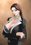  ace_attorney arisawa_masaharu ayasato_chihiro bb big_breasts breasts brown_eyes brown_hair business_suit capcom cleavage earrings female fingernails gradient gradient_background gyakuten_saiban jewelry large_breasts long_fingernails long_hair long_nails magatama masaharu_arisawa mia_fey phoenix_wright solo 