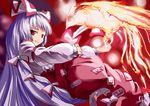  baggy_pants bird fire floating fujiwara_no_mokou hair_ribbon long_hair long_sleeves pants phoenix red_eyes ribbon shirt sinzan smirk solo suspenders touhou very_long_hair white_hair white_shirt 