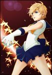  androgynous bishoujo_senshi_sailor_moon blonde_hair blue_choker blue_eyes blue_sailor_collar blue_skirt bow choker gloves magical_girl sailor_collar sailor_senshi_uniform sailor_uranus short_hair skirt solo sparkle ten'ou_haruka tiara very_short_hair white_gloves yellow_bow you_(kimito) 