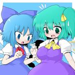  53 blue_eyes blue_hair bow breast_awe breast_envy breasts cirno daiyousei dress green_hair hair_bow large_breasts looking_at_breasts multiple_girls pinafore_dress short_hair side_ponytail touhou wings 