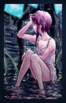  asymmetrical_hair brown_hair cable computer hair_grab hand_on_own_forehead iwakura_lain knees_together_feet_apart knees_touching kobaneko lingerie long_neck monitor negligee partially_submerged profile serial_experiments_lain server solo underwear water 