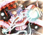  bahamun blue_hair blush electricity frills hat hat_ribbon nagae_iku red_eyes ribbon shawl short_hair solo touhou 