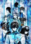  5boys amulet ayase_yuka bad_id bad_pixiv_id beanie blue bubble_blowing chewing_gum doraeshi everyone freckles from_behind glasses hairband hat inaba_masao kido_reiji kirishima_eriko mayuzumi_yukino megami_ibunroku_persona monochrome multiple_boys multiple_girls nanjou_kei persona persona_1 ponytail school_uniform sidelocks sonomura_maki spot_color st._hermelin_school_uniform toudou_naoya twintails uesugi_hidehiko 