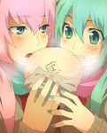  aqua_eyes aqua_hair aqua_nails bad_id bad_pixiv_id breath close-up eating hatsune_miku long_hair matsuda_toki megurine_luka multiple_girls nail_polish pink_hair pink_nails scarf vocaloid 