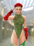  3d bare_shoulders beret blonde_hair braid breasts cammy_white covered_nipples green_leotard hat incise_soul leotard m-rs medium_breasts salute solo street_fighter twin_braids 