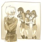  2girls blush boots chastel_aiheap dog flynn_scifo grin hanosuke hisca_aiheap knee_boots long_hair monochrome multiple_boys multiple_girls ponytail puppy repede sepia siblings smile stifled_laugh tales_of_(series) tales_of_vesperia tears twins yuri_lowell 