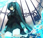  aqua_eyes aqua_hair from_below hatsune_miku highres kusari_no_shoujo_(vocaloid) long_hair looking_down necktie rubber_duck skirt solo ukai_saki very_long_hair vocaloid 