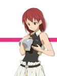  bare_shoulders blush breast_conscious breast_lift breastplate cecily_cambell hamao leotard red_eyes red_hair seiken_no_blacksmith short_hair simple_background solo sweatdrop 
