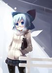  alternate_costume bespectacled blue_eyes blue_hair bow breath cirno coat contemporary glasses hair_bow hands_in_pockets jacket pantyhose pleated_skirt shin_(new) short_hair skirt snow solo touhou wings 