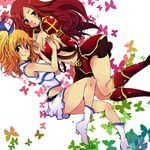  armor bare_shoulders blonde_hair blue_eyes blush boots breasts cleavage erza_scarlet fairy_tail large_breasts lucy_heartfilia multiple_girls one_side_up skirt tetsu_mig 