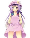  ass_visible_through_thighs bad_id bad_pixiv_id bangs blue_ribbon blunt_bangs blush collarbone cowboy_shot cresc-dol crescent crescent_hair_ornament dress dress_lift hair_ornament hair_ribbon hat legs lifted_by_self long_hair looking_at_viewer mob_cap no_panties patchouli_knowledge purple_eyes purple_hair red_ribbon ribbon simple_background solo standing strap_slip touhou tress_ribbon white_background 