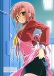  absurdres bike_shorts hayate_no_gotoku! highres katsura_hinagiku locker locker_room long_hair pink_hair pulled_by_self shorts shorts_pull solo undressing yellow_eyes yuuki_hagure 