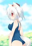  animal_ears breasts hat inubashiri_momiji large_breasts one-piece_swimsuit red_eyes school_swimsuit short_hair silver_hair solo swimsuit tail toba_hiyoko tokin_hat touhou wolf_ears wolf_tail 