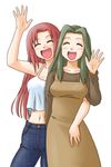  air blush camisole closed_eyes crop_top denim dress eunos fang green_hair happy hug jeans kamio_haruko long_hair midriff multiple_girls navel pants red_hair uraha_(air) waving 