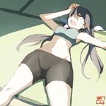  bad_id bad_twitter_id bike_shorts black_hair brown_eyes groin hair_between_eyes hair_over_one_eye hair_ribbon hand_on_own_head hot kantai_collection long_hair lowres lying midriff navel on_back open_mouth ribbon shadow solo souji sports_bra sweat tone_(kantai_collection) twintails white_ribbon 