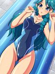  aokura_shou blue_eyes blue_hair competition_swimsuit go!_princess_precure highres inflatable_raft kaidou_minami long_hair lying one-piece_swimsuit precure swimsuit 