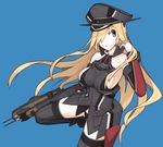  bad_id bad_twitter_id bare_shoulders bismarck_(kantai_collection) black_panties blonde_hair blue_background blue_eyes breasts detached_sleeves grey_legwear grin hair_over_one_eye hat jewelry kantai_collection large_breasts long_hair long_sleeves mikoto_(oi_plus) military military_uniform panties peaked_cap remodel_(kantai_collection) ring sideboob simple_background smile solo taut_clothes thighhighs turret underwear uniform wedding_band 