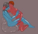  2boys foreplay latex male male_focus meowpiepanda multiple_boys pillow simple_background yaoi zentai 