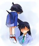  1girl black_hair blood edogawa_conan glasses gradient gradient_background impaled long_hair meitantei_conan mouri_ran school_uniform short_hair 