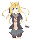 abukuma_(kantai_collection) bad_id bad_pixiv_id bike_shorts black_(kbym) black_gloves blonde_hair blue_eyes closed_mouth commentary_request fingerless_gloves gloves hair_rings highres kantai_collection long_hair pleated_skirt remodel_(kantai_collection) school_uniform serafuku simple_background skirt smile solo white_background 