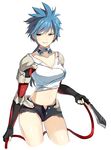  bad_id bad_pixiv_id blue_eyes blue_hair blue_panties boba breasts choker closers cowboy_shot crop_top elbow_pads fingerless_gloves genderswap genderswap_(mtf) gloves holding holding_knife holding_weapon knife long_hair looking_at_viewer medium_breasts midriff nata_(closers) open_fly panties panty_peek parted_lips ponytail short_shorts shorts shoulder_pads simple_background smirk solo spiked_hair tsurime unbuttoned underwear weapon white_background 