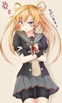  :t abukuma_(kantai_collection) anger_vein angry bangs bike_shorts black_gloves blonde_hair blue_eyes blush buttons crossed_arms double_bun doyachii gloves hair_between_eyes hair_rings highres kantai_collection long_hair partly_fingerless_gloves pout remodel_(kantai_collection) school_uniform serafuku short_sleeves shorts shorts_under_skirt simple_background skirt solo translated twintails v-shaped_eyebrows 
