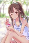  brown_eyes brown_hair dress idolmaster idolmaster_cinderella_girls long_hair mizumoto_yukari one_eye_closed ponytail shaved_ice smile solo toufuu 