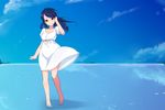  barefoot blue_hair blue_sky cloud day dress hand_in_hair head_tilt horizon long_hair looking_at_viewer ocean original pon_(shind_997) puffy_short_sleeves puffy_sleeves red_eyes reflection shore short_sleeves sky smile solo sundress wading water wind wind_lift 